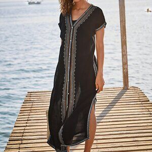 Garnet Hill 100% Organic Cotton Button Front Kaftan Cover-Up Embroidered Small